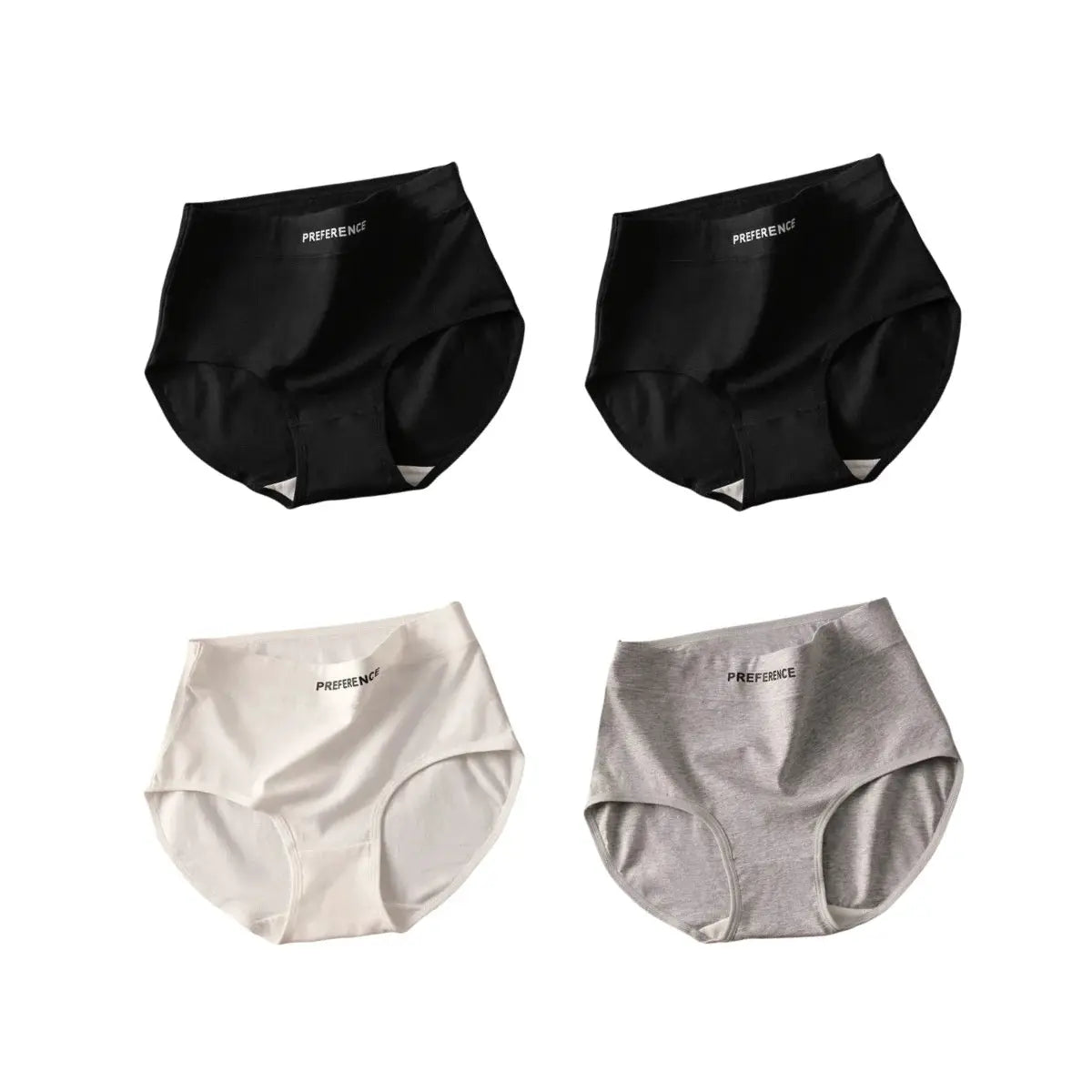 4-piece set of women's high-waist briefs with tummy control; cotton underwear in black, white, and gray by Preference