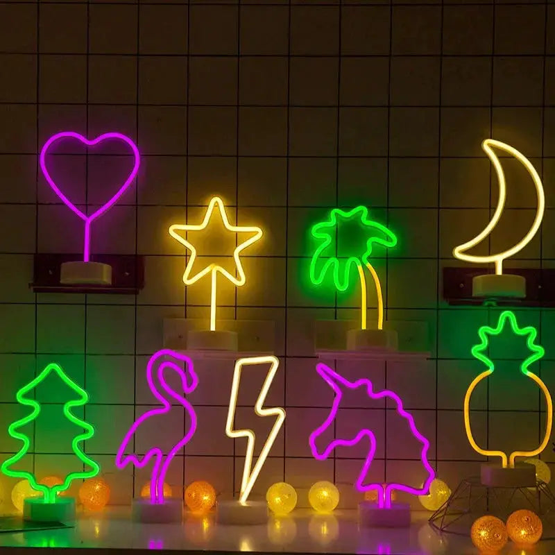 USB LED neon sign set in multicolor with heart, star, palm tree, moon, pineapple, unicorn, flamingo and lightning bolt