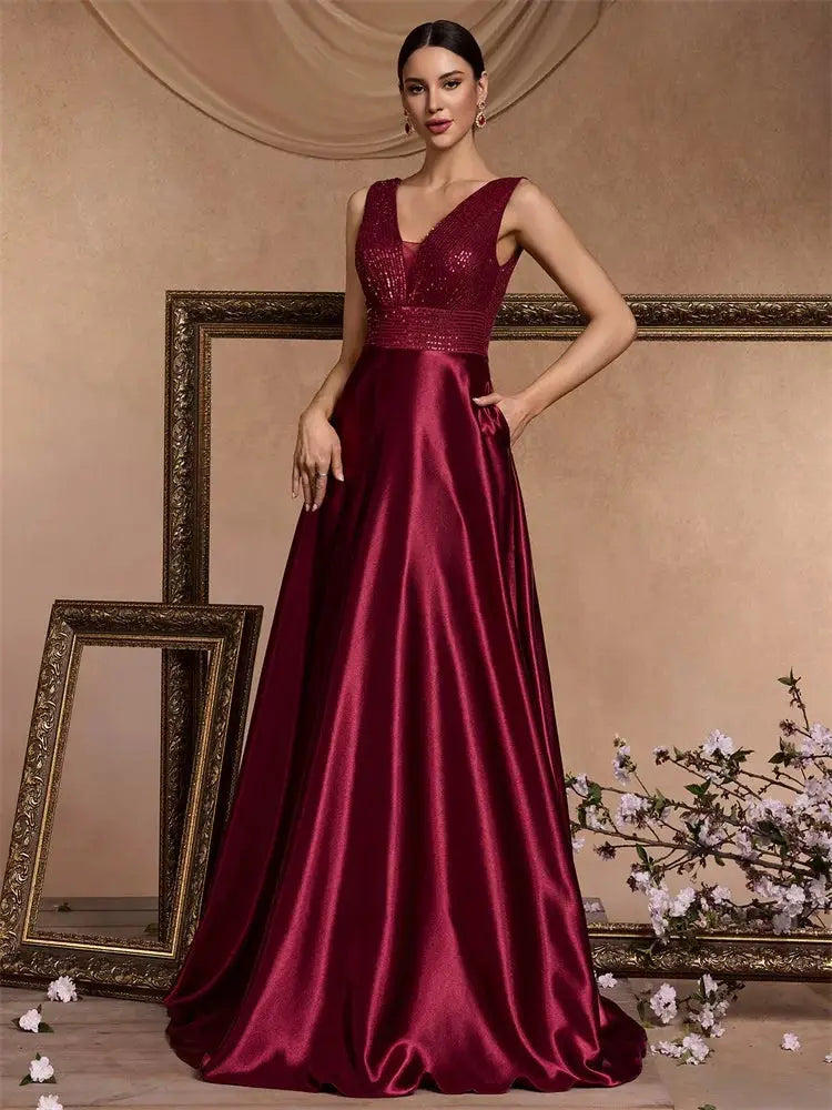 Emerald Green Sequin Evening Dress V Neck Satin Prom Floor Length
