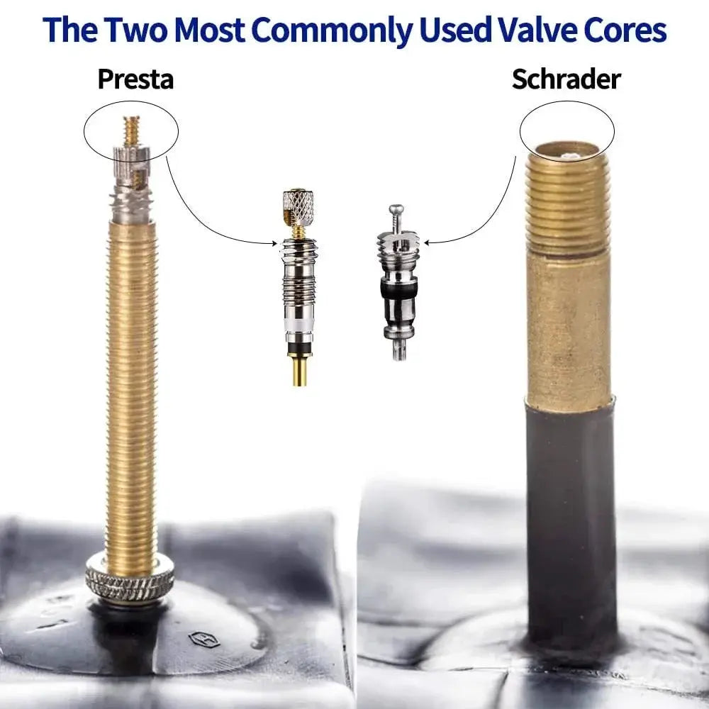 Valve core remover tool with Presta and Schrader extenders for bike, car, and motorcycle tires