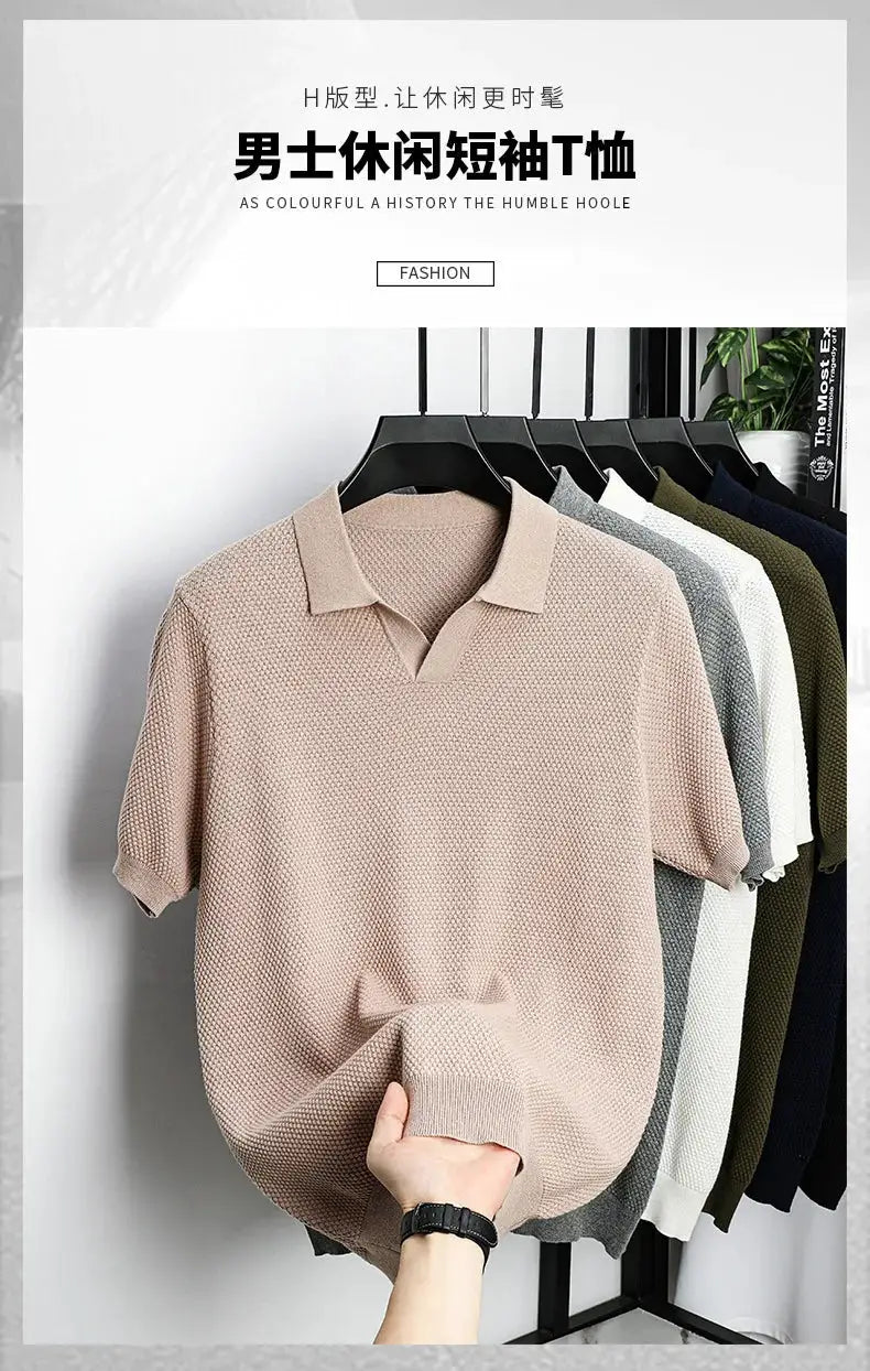 Men's knitted polo shirt, beige, short sleeves with textured cotton knit; multiple colors on hangers, Simples Market.