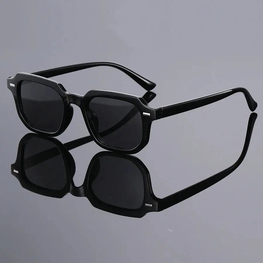 Men's black square-frame sunglasses with rivet accents for retro street style