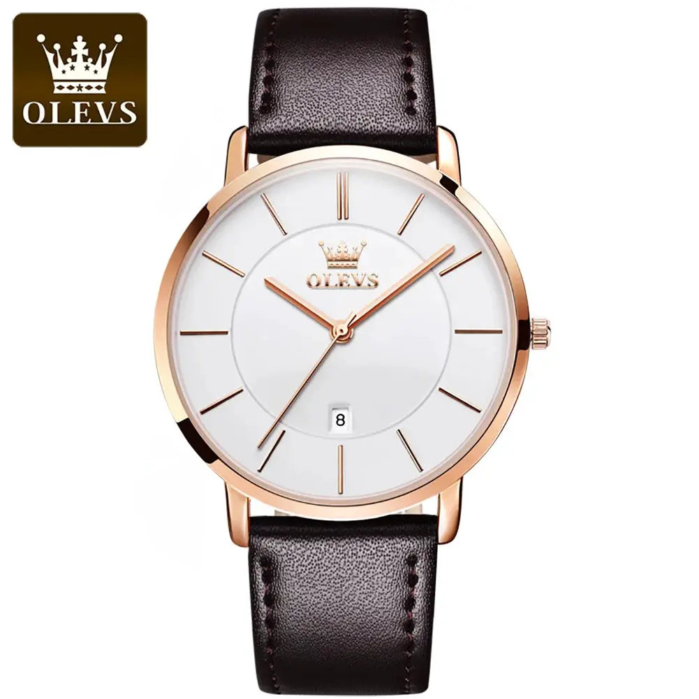 OLEVS men's quartz wristwatch with rose-gold case, white dial, black leather strap, date window