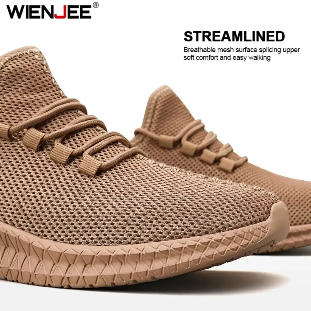 Men's knit lace-up sneakers by WIENJEE, brown breathable mesh upper with non-slip outsole, 2 shoes