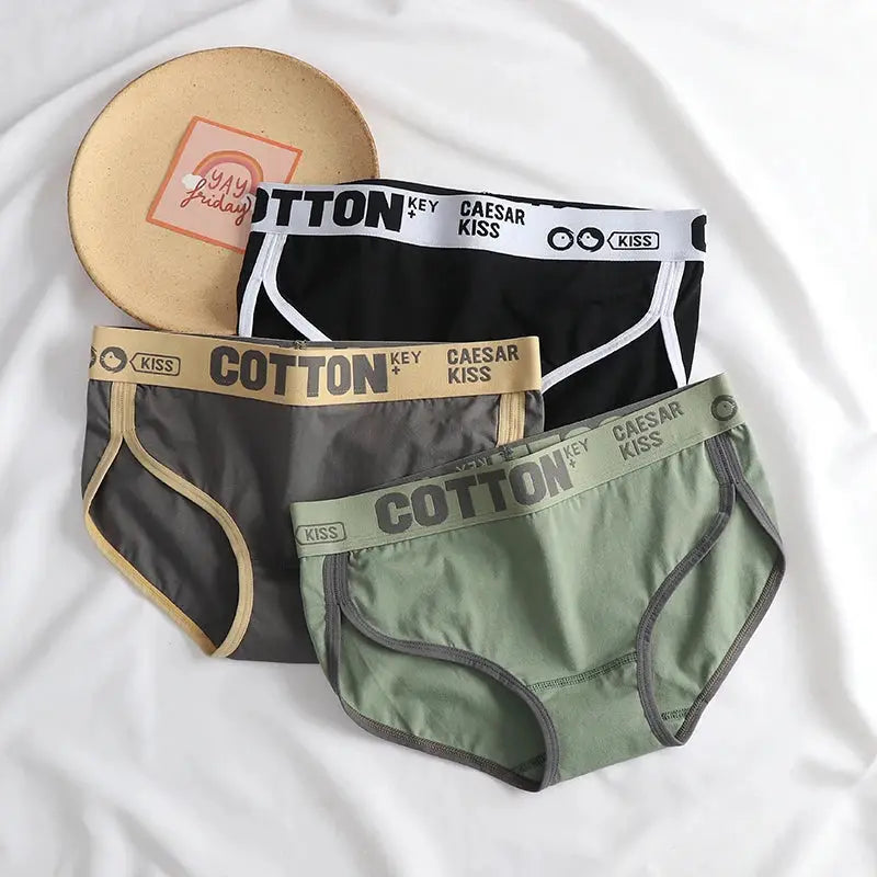 Women's cotton briefs 3-pack in black, gray, and sage green with contrasting waistbands