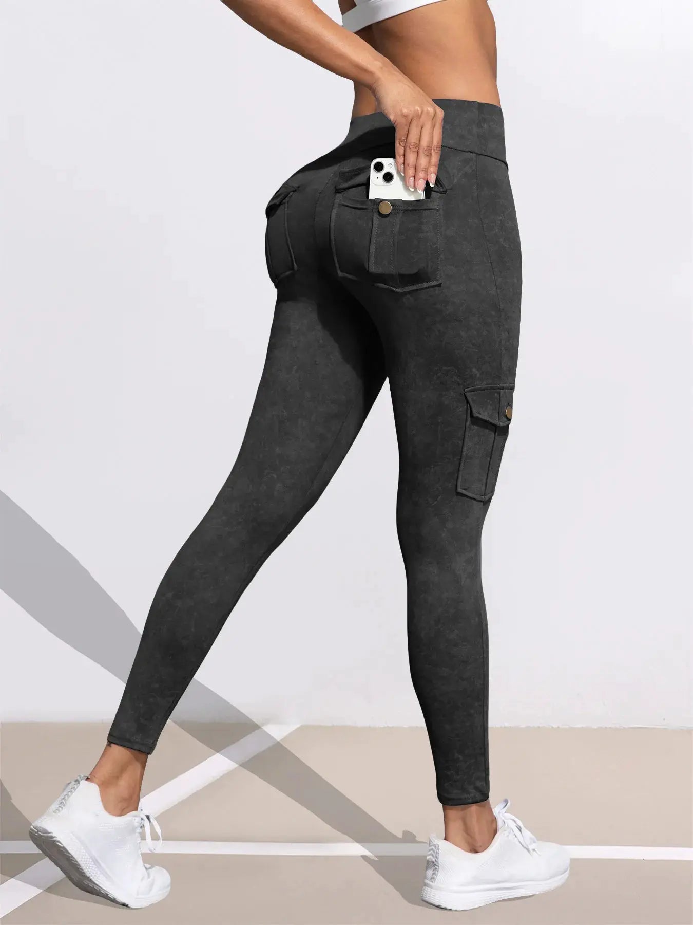 Simples Market black washed-print work-pocket leggings with back and cargo pockets