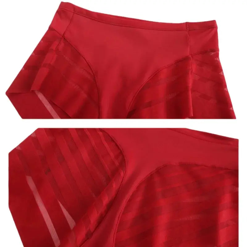 2-piece red ice-silk tummy-control panties set by Simples Market, mid-waist with mesh stripe panels