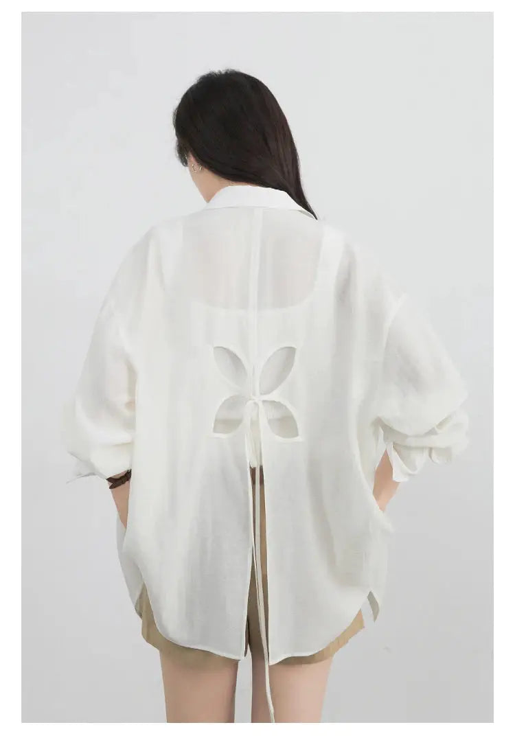 CHIC VEN women's white back-cutout long-sleeve shirt with tie-back bow, loose casual blouse, Simples Market