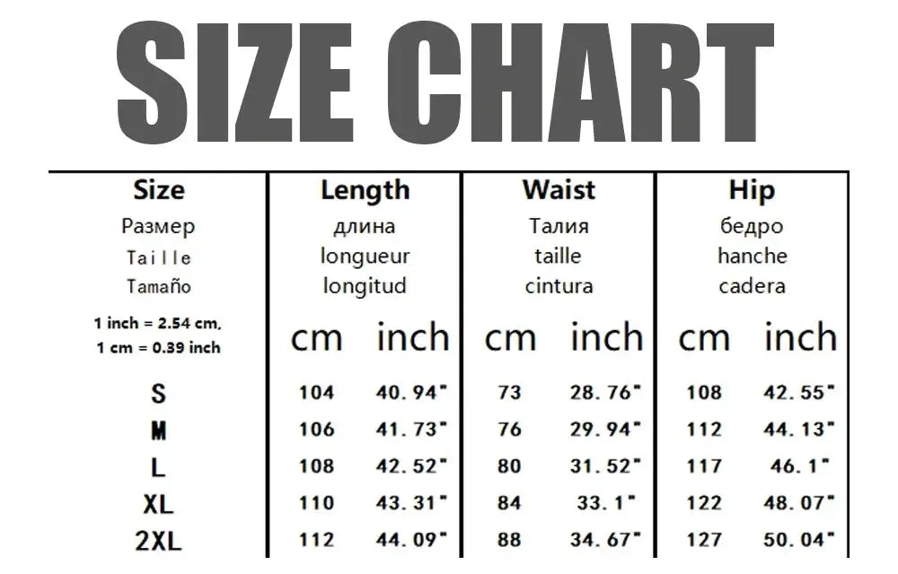 Men's cargo pants and sweatpants size chart showing length, waist and hip measurements.