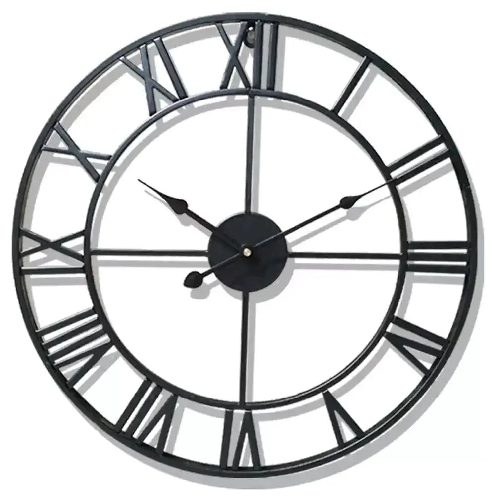 Modern 3D large wall clock with Roman numerals, black metal frame, skeleton-style design for living room decor