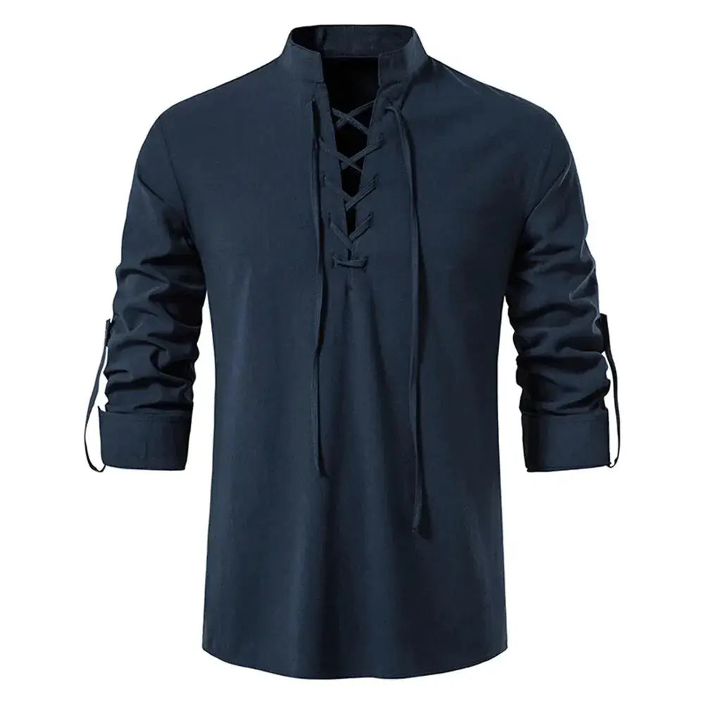 King Billion Mens Cotton Linen Long Sleeve Shirt Vintage English Style With Drawstring Neck US Size Spring Autumn