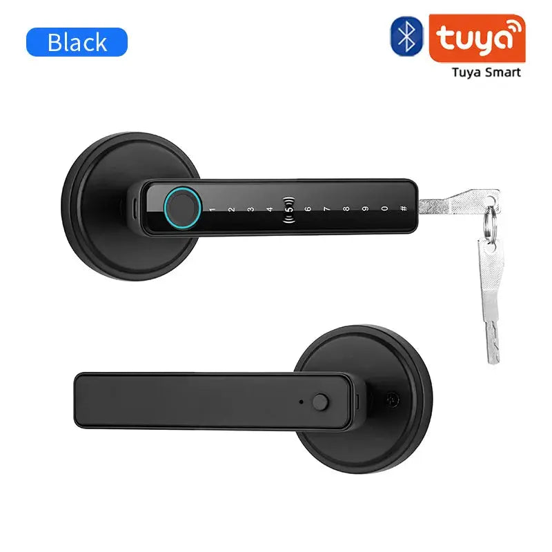Tuya two-piece smart door lock handle set, black with fingerprint keypad; front and interior views, key included