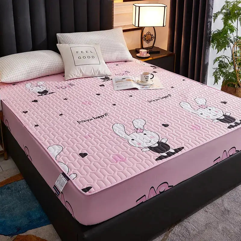 Simples Market pink quilted waterproof mattress protector with bunny print, fitted sheet 150/160/180x200