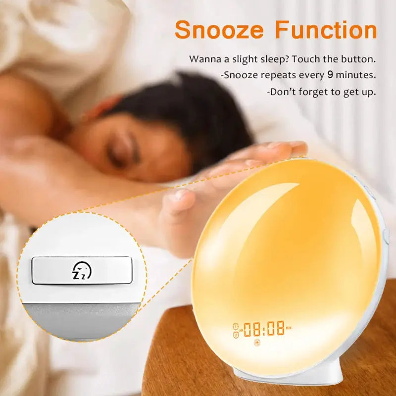 Sunrise alarm desk clock with yellow glow display and snooze button