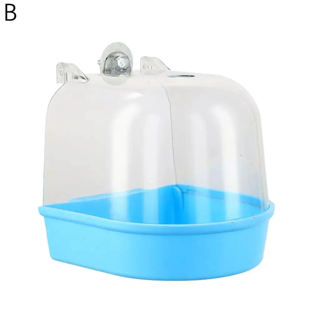 Hanging Bird Bath Cube for small birds; blue plastic tray with clear dome by Simples Market