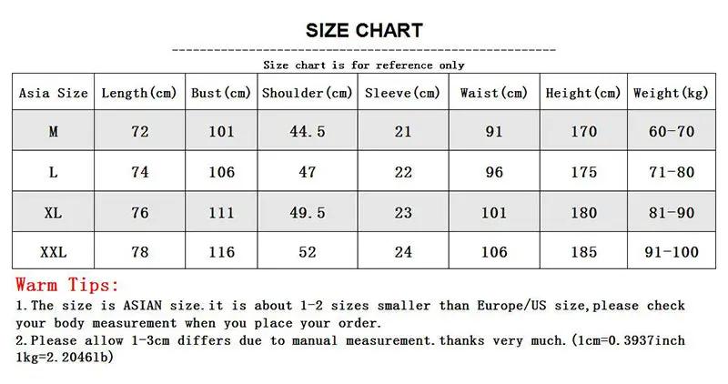 Men's slim fit short sleeve dress shirt size chart with Asian sizes and cm measurements (M–XXL).