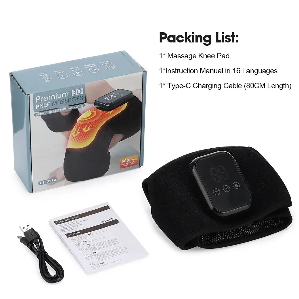 Electric heated knee massage pad with 3-level heat and vibration; includes controller, USB cable, and manual