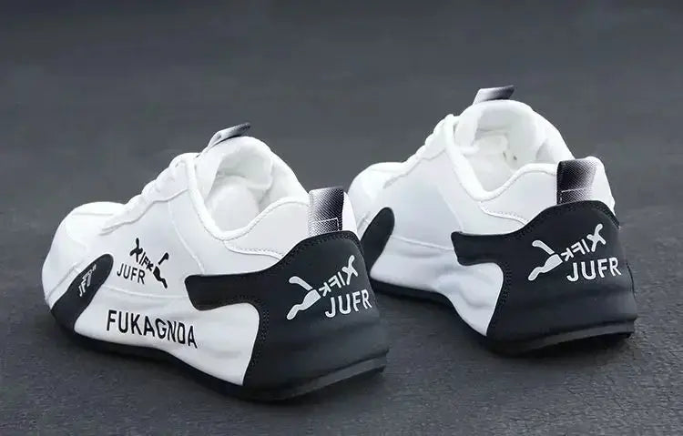 Men's PU leather waterproof sneakers, white with black heel panels, Simples Market pair of breathable sports shoes