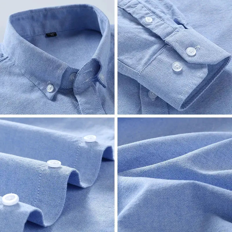Men's light blue cotton Oxford shirt with button-down collar and long sleeves