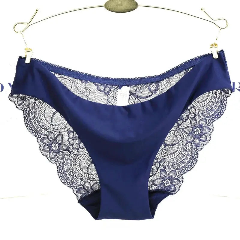 Simples Market navy blue lace thong underwear, low-rise seamless with sheer lace sides