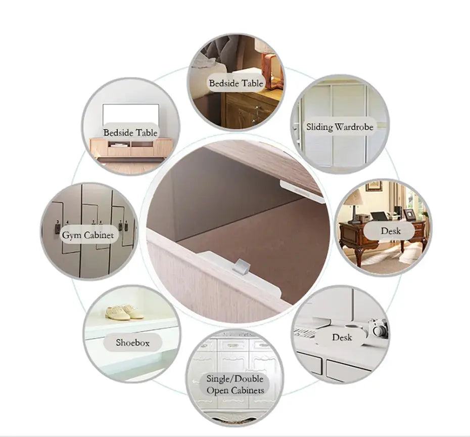 Smart drawer lock with NFC sensor, Tuya app control, EM card unlock; white, for desks, cabinets and wardrobes.