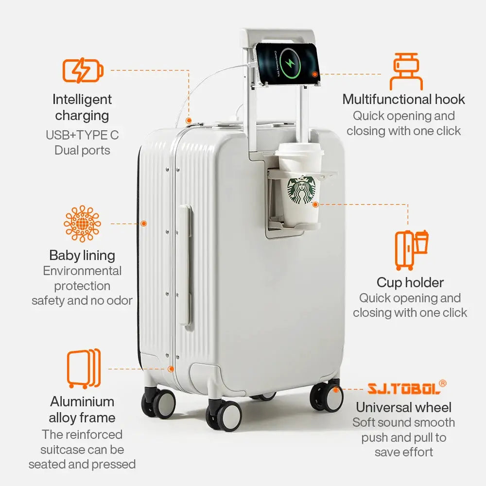 Mixi aluminum-frame carry-on suitcase with USB-C ports, cup and phone holder, 20/24 inch Simples Market