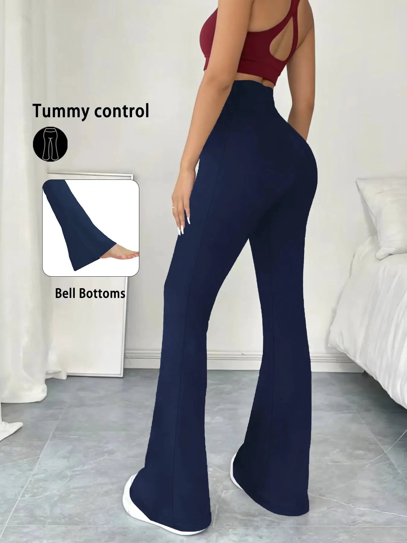 Women's navy flare pants, high-waisted tummy-control yoga leggings with bell bottoms by Simples Market