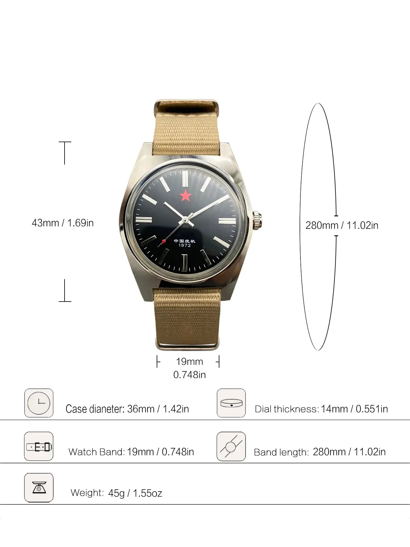 Simples Market Mens mechanical watch Shanghai 8120, 36mm case, black dial with red star, beige fabric strap