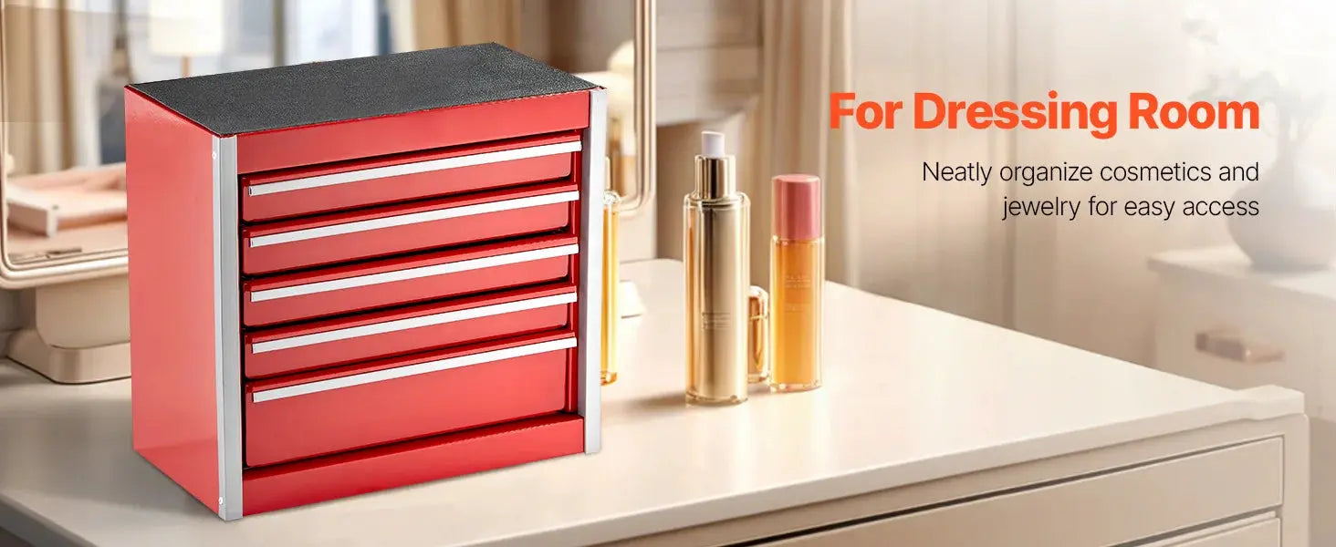 Red and black 5-drawer 8.6in metal tool box on a white countertop with a black top.