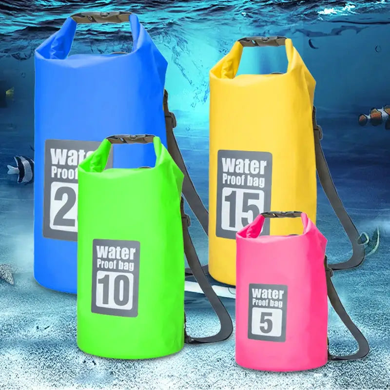 Set of 4 PVC waterproof dry bags in blue, yellow, green and pink (5L–20L) with shoulder straps