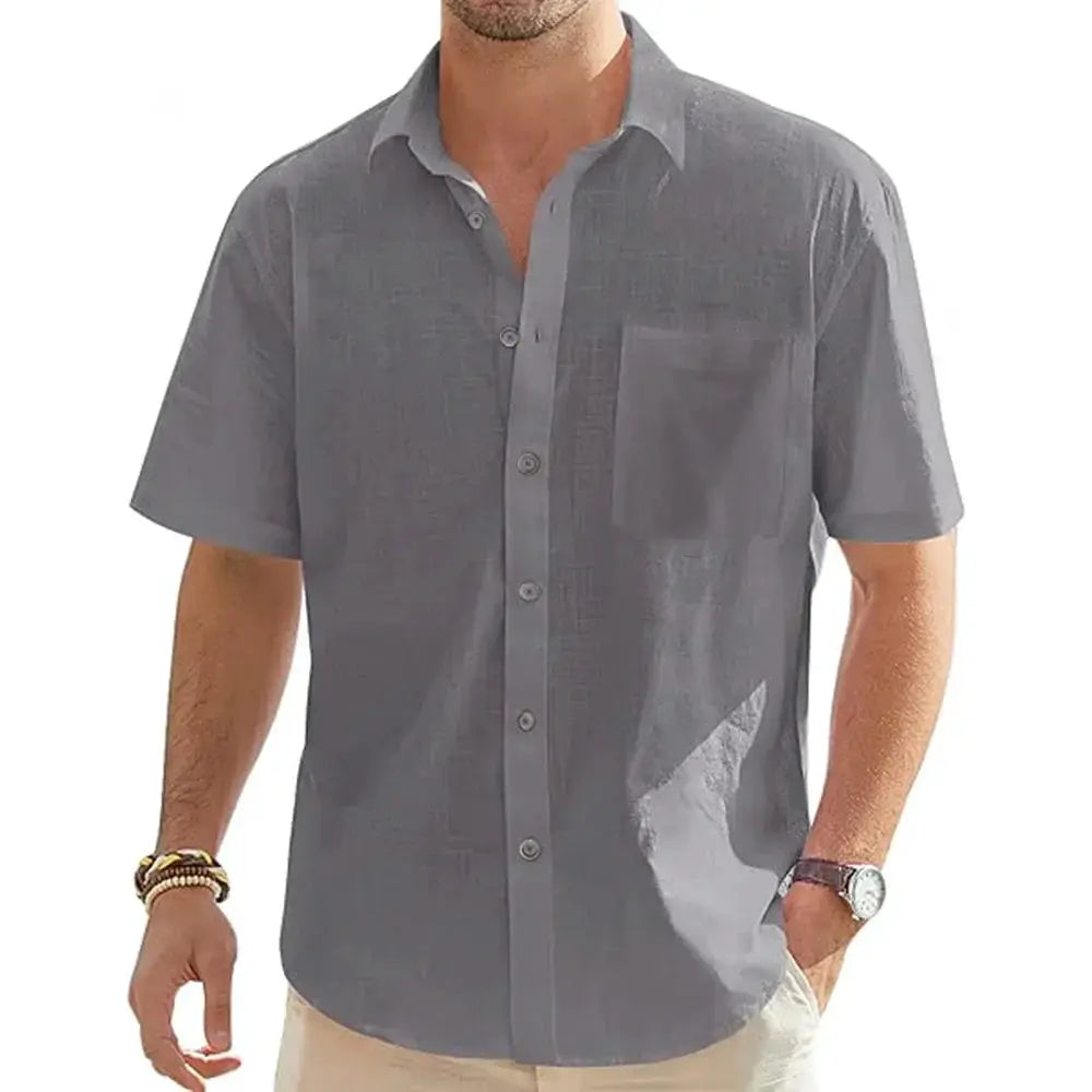 Men's gray cotton-linen short-sleeve shirt with chest pocket, casual lightweight button top