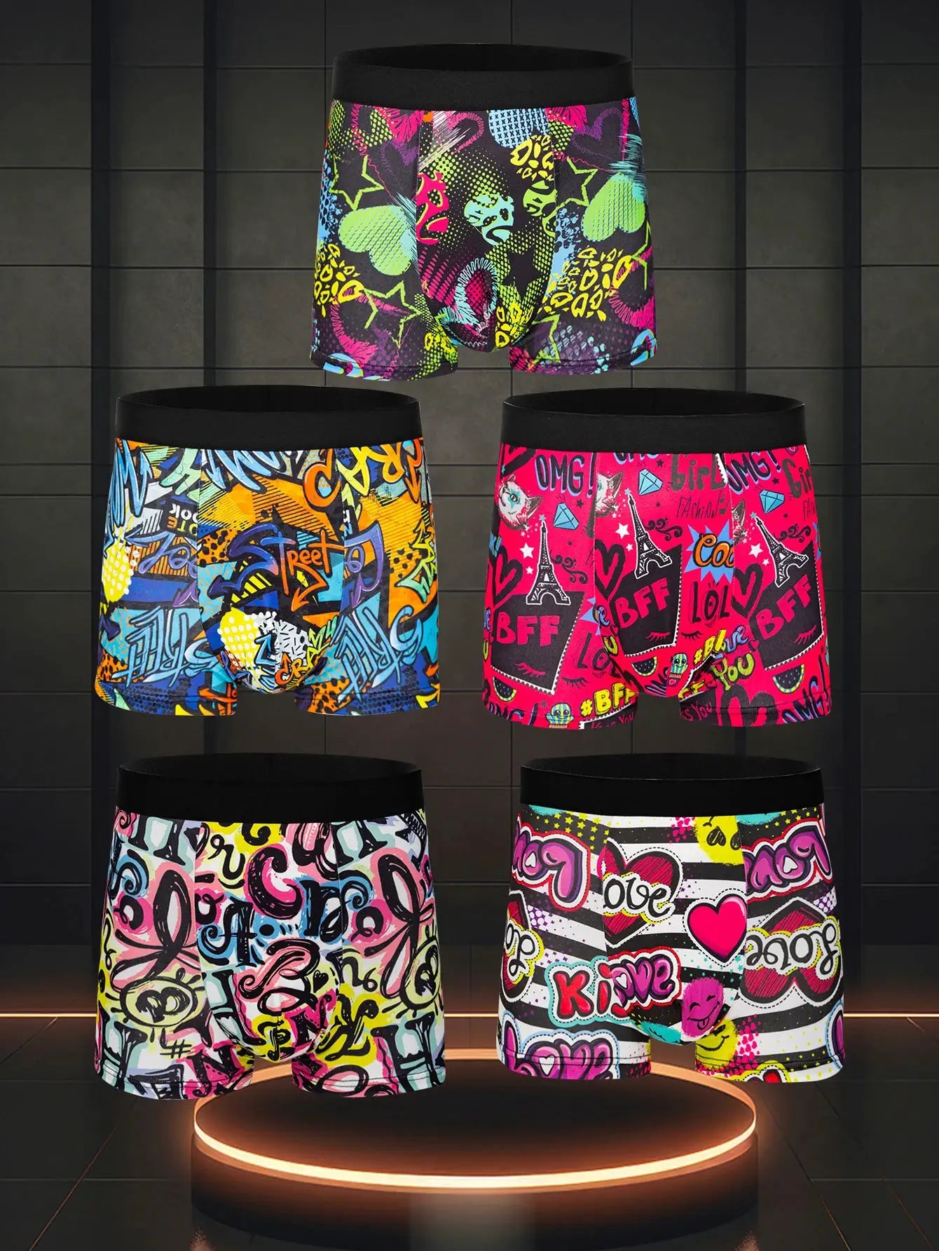 5 Pack Mens Boxer Shorts Set Soft Breathable Polyester Elastane Blend Printed Casual Versatile Underwear