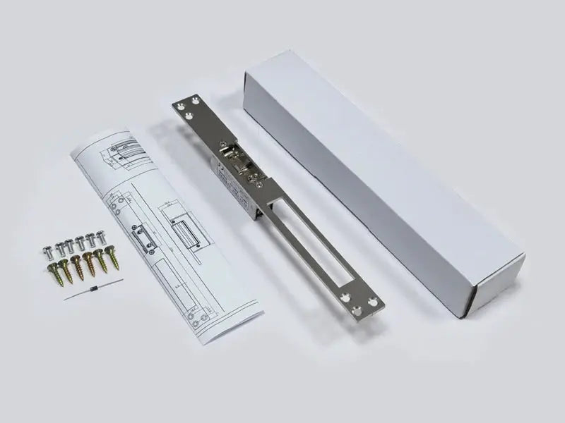 Simples Market EU electric strike door lock, stainless steel, 12V DC fail-secure, with mounting plate and screws.