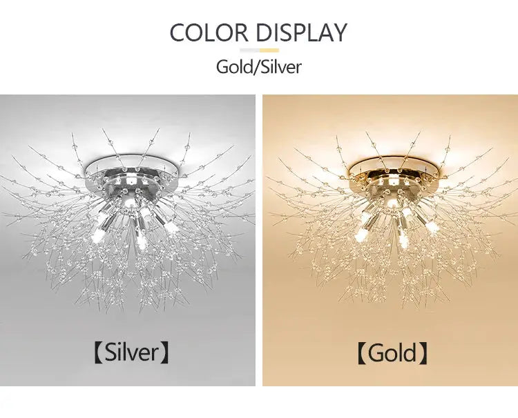 IRALAN crystal LED ceiling lamp by Simples Market; silver and gold finishes shown (2 variants)
