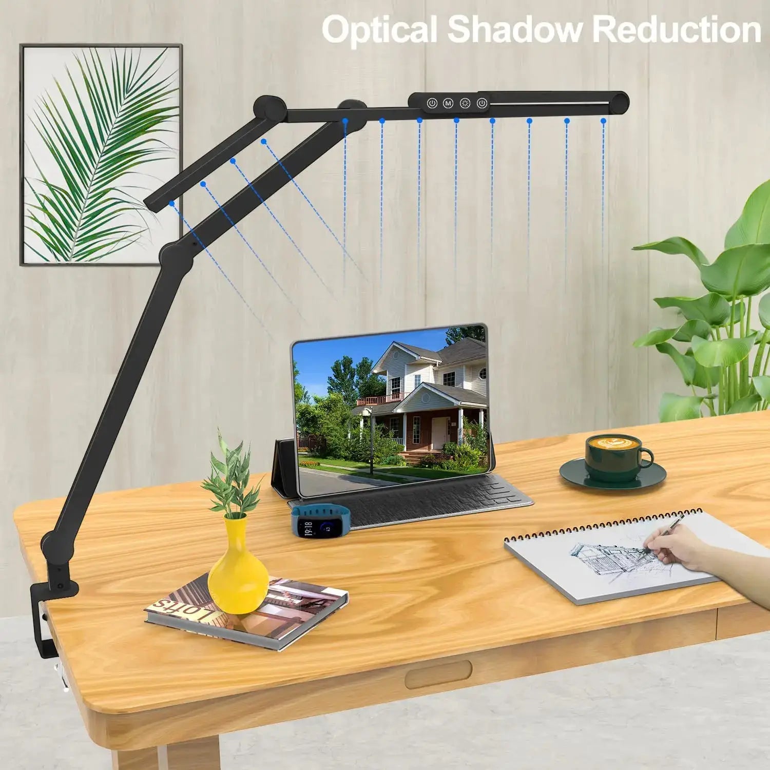 LED desk lamp with clamp, black adjustable arm architect desk lamp for home office, auto-dimming 24W
