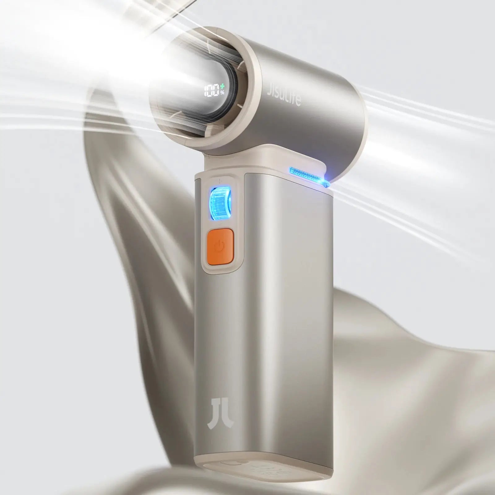 JISULIFE portable turbo handheld fan with LED display, 9000 mAh battery, silver construction.