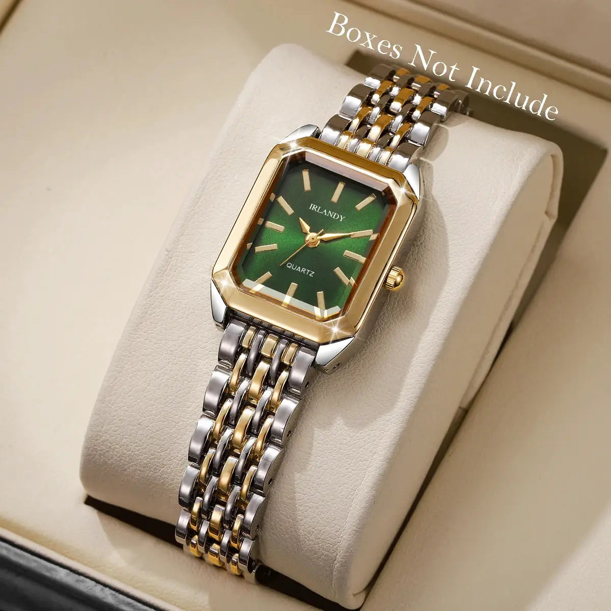 IRLANDY rectangular women's quartz watch with green dial and gold-silver steel bracelet