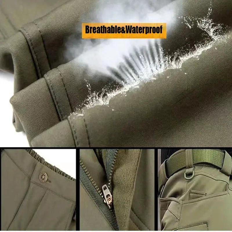 Men's City Cargo Autumn Winter Fleece Softshell Hiking Pants by Simples Market in olive green with belt and zip pockets