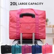 Foldable travel duffel bag 20L by Simples Market; pink color with trolley handles, six color variants shown.