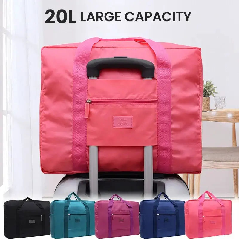 Foldable travel duffel bag 20L by Simples Market; pink color with trolley handles, six color variants shown.