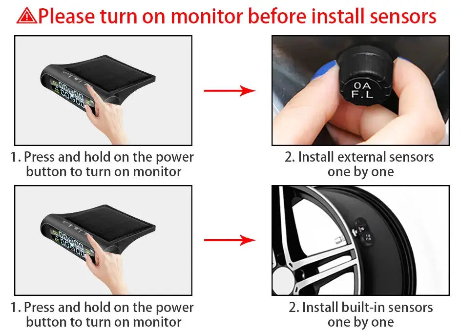 E-ACE Solar Power TPMS monitor by Simples Market; black car tire pressure alarm with external and built-in sensors