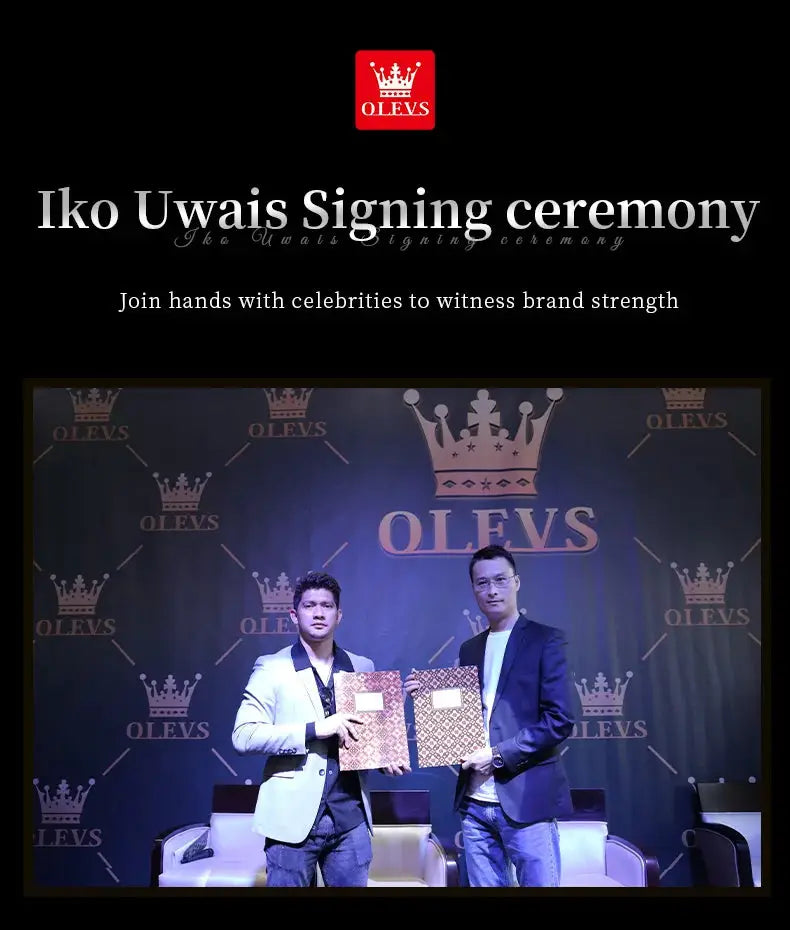 OLEVS branding at Iko Uwais signing ceremony; two men on stage hold documents.
