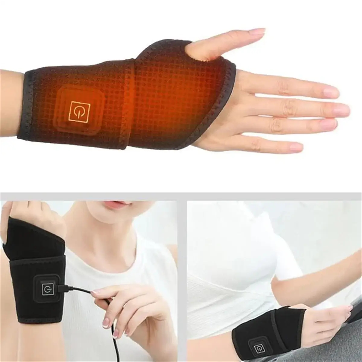 Electrically heated wrist brace with adjustable breathable black strap and attached controller, Simples Market