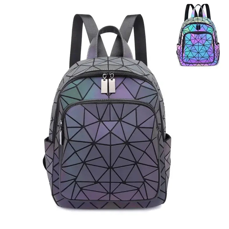 Backpack with luminous holographic geometric panels in purple-gray PVC for teens