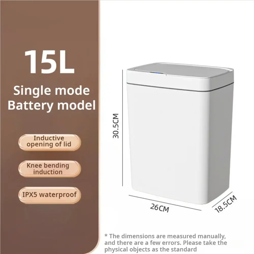 Smart bathroom trash can, white 15L by Simples Market with touchless lid sensor, battery-powered.