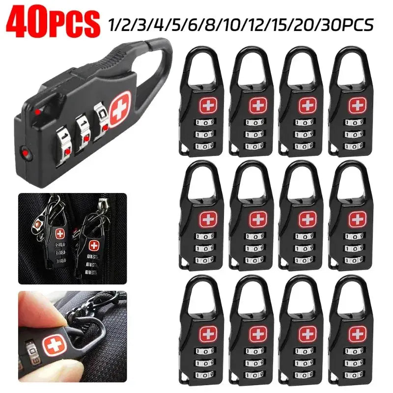 Padlock set: 40pcs mini combination padlocks by Simples Market, black with red cross logo for luggage and cabinets