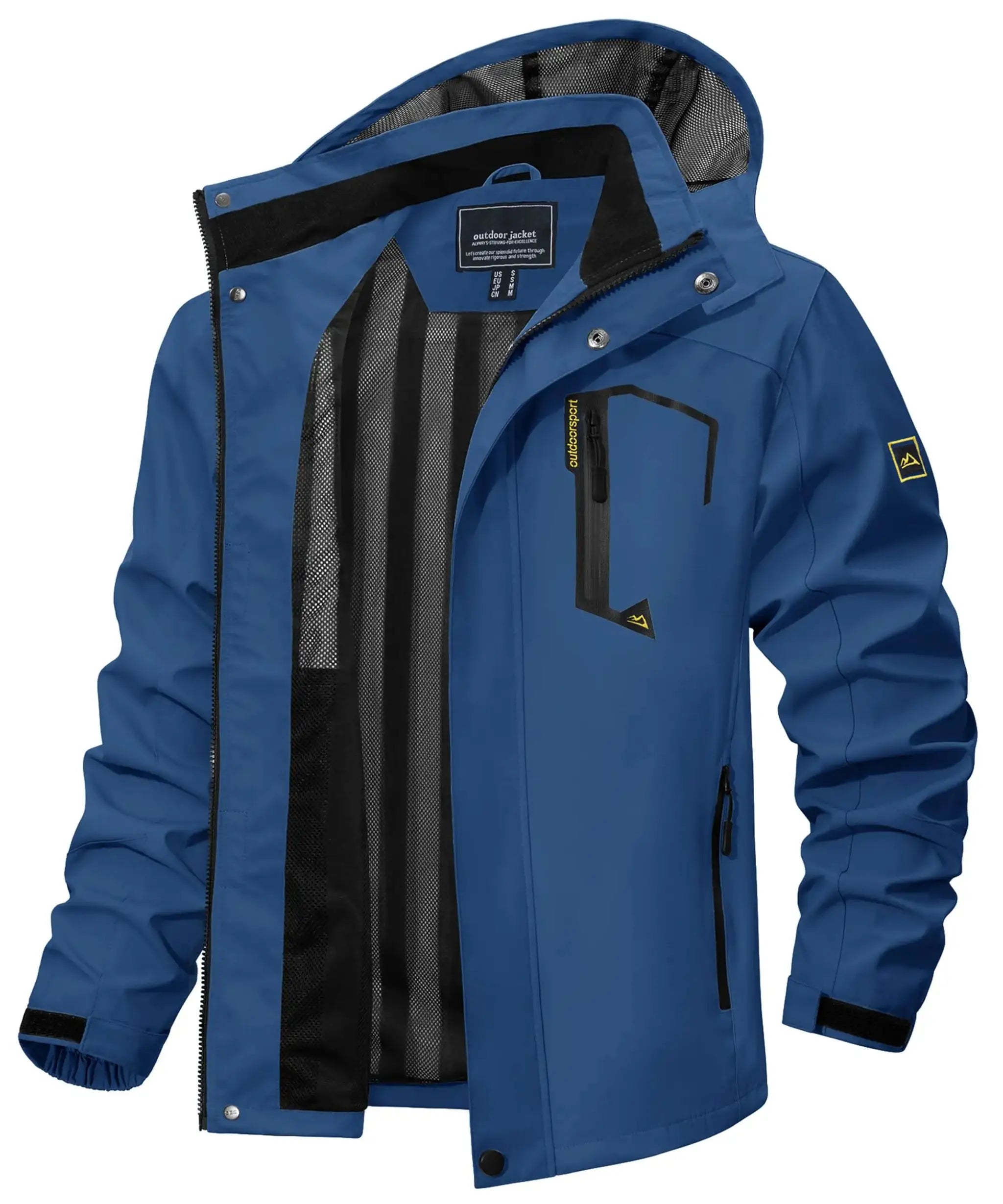 TACVASEN blue men's waterproof rain jacket with mesh lining, front zip and storm flap, Simples Market