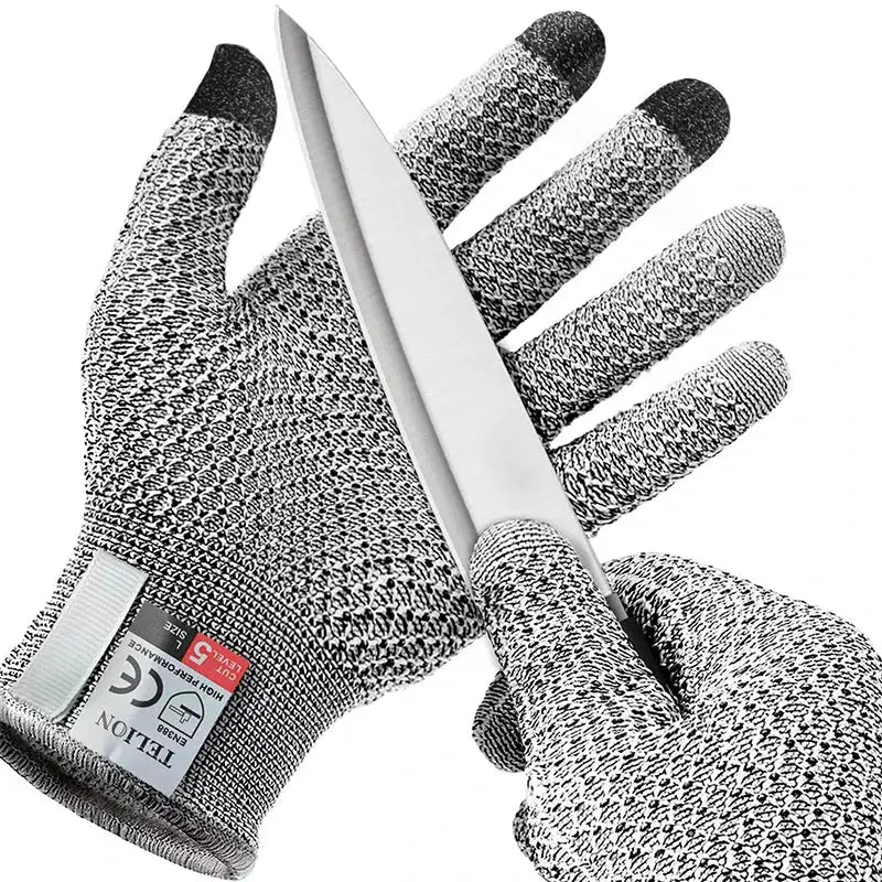 Simples Market anti-cutting gloves for kitchen; touch-screen compatible, grey knit pair (2 gloves)