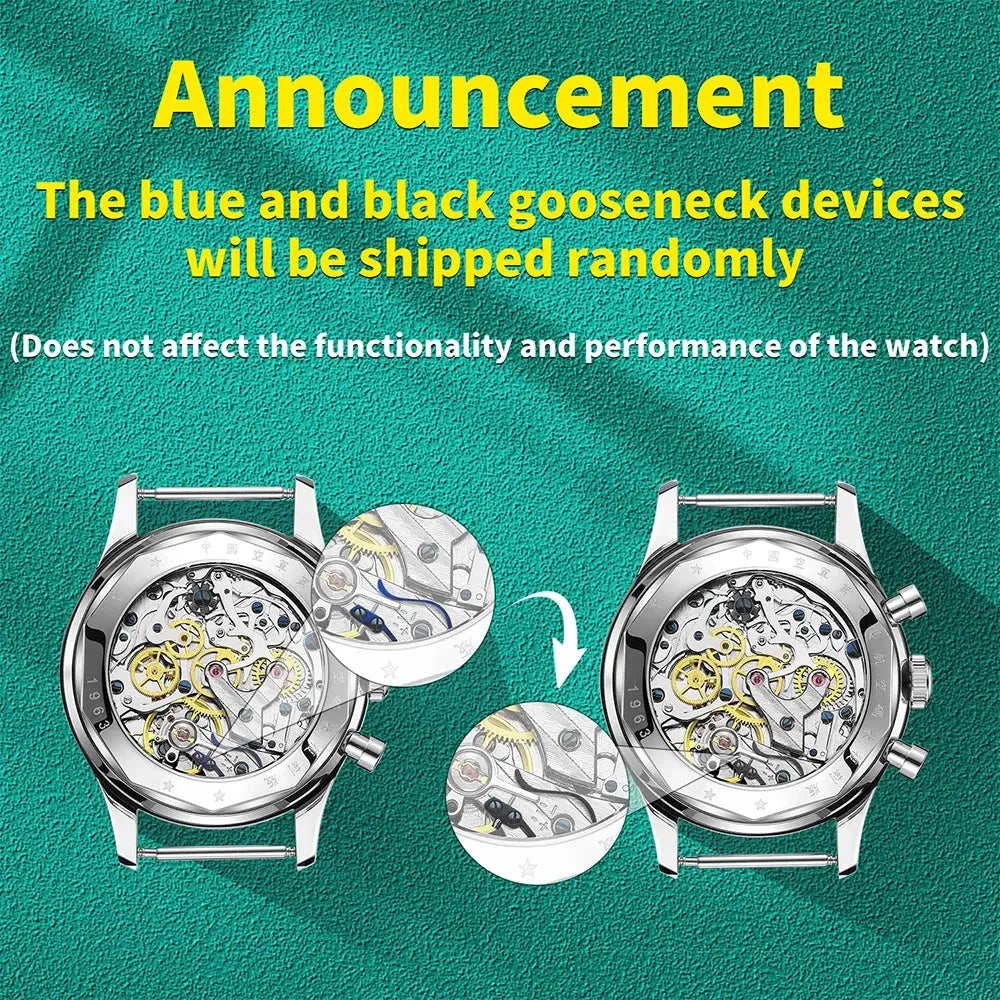 Two silver Red Star 38mm men's skeleton chronograph watches with exposed mechanical movements