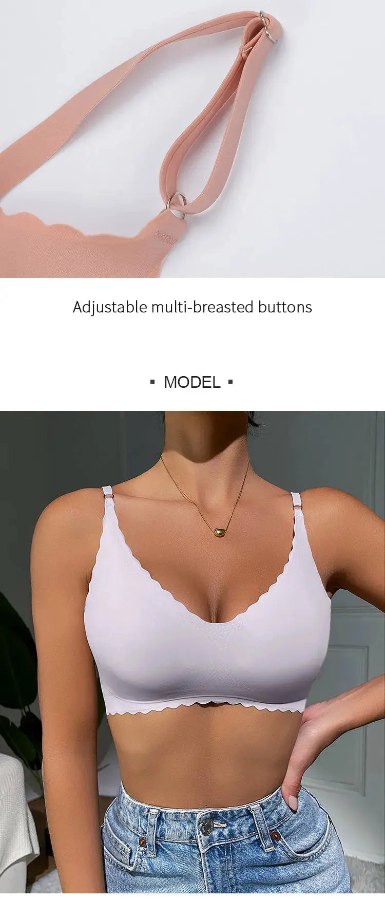 Two wireless padded seamless bras in peach and white with adjustable straps